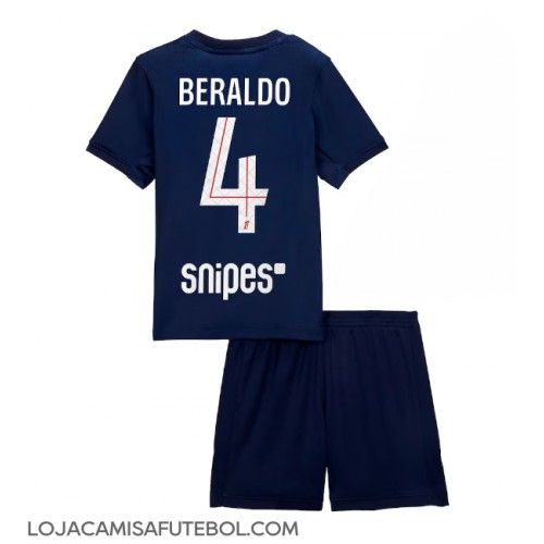 Camisa de Futebol Paris Saint-Germain Lucas Beraldo #4 Equipamento Principal Infantil 2025-26 Manga Curta (+ Calças curtas)